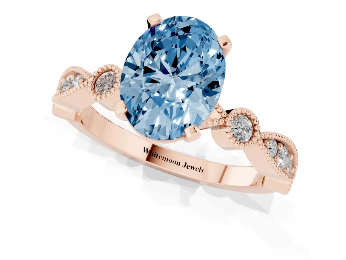 Fancy Blue Oval Cut Milgrain Bezel Diamond Engagement Ring with Solitaire Prong Setting Rose gold