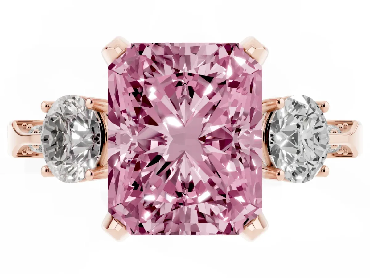 Fancy Pink Radiant Cut Brilliant Three-Stone Diamond Ring with Pavé Band and Four-Prong Setting Rose gold