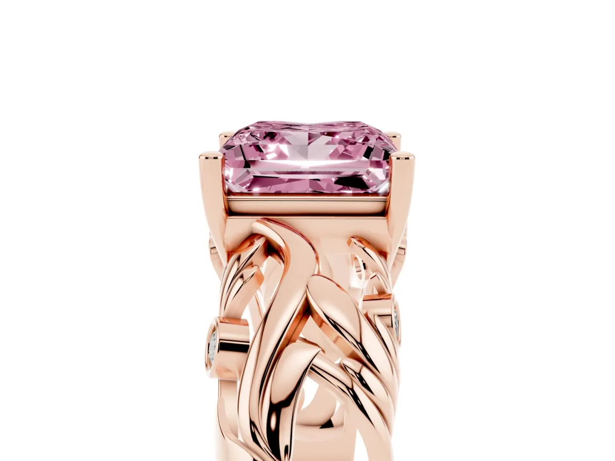 Fancy Pink Princess Cut Solitaire Diamond Leaf-Inspired Vine Band Ring with Prong Setting Rose gold
