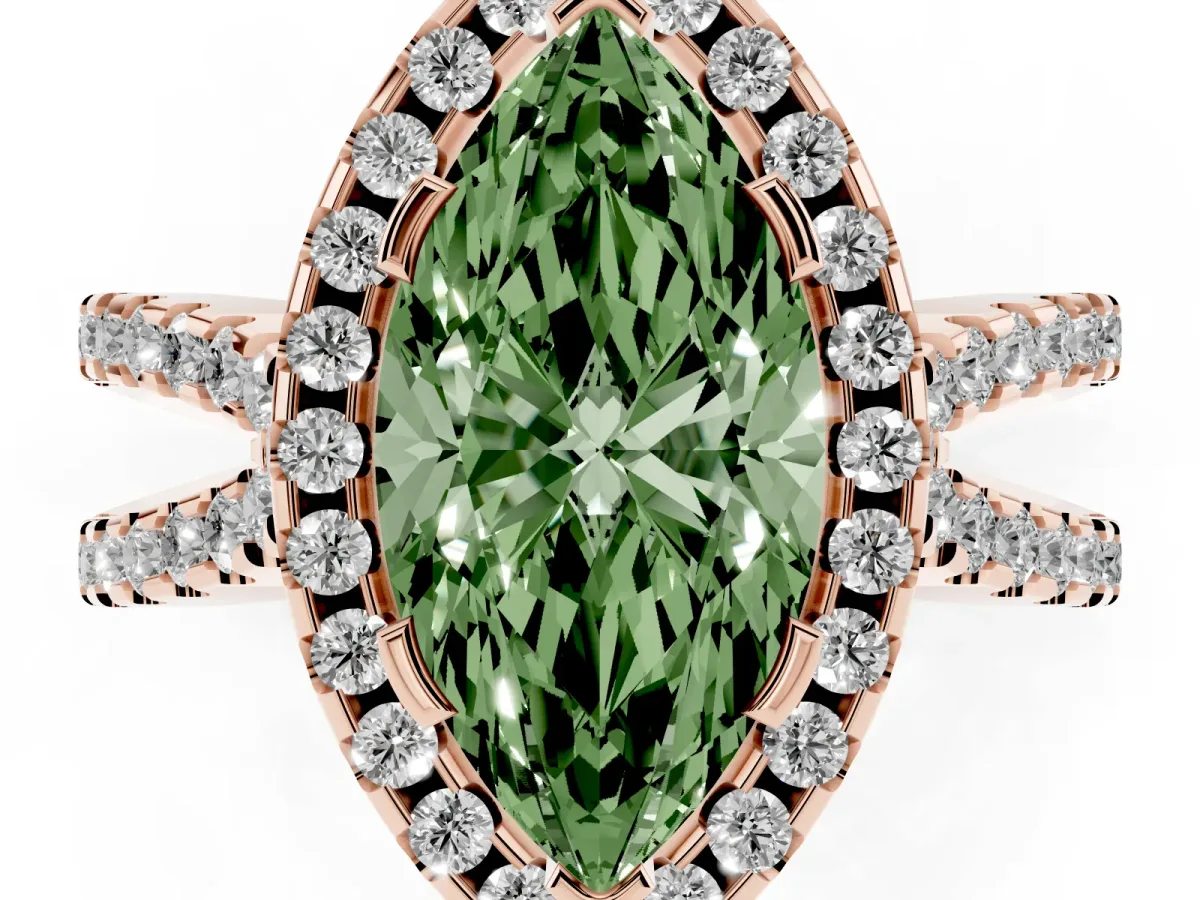 Fancy Green Marquise Cut Diamond Halo Ring with Split Shank Pavé Band and Prong Setting Rose gold