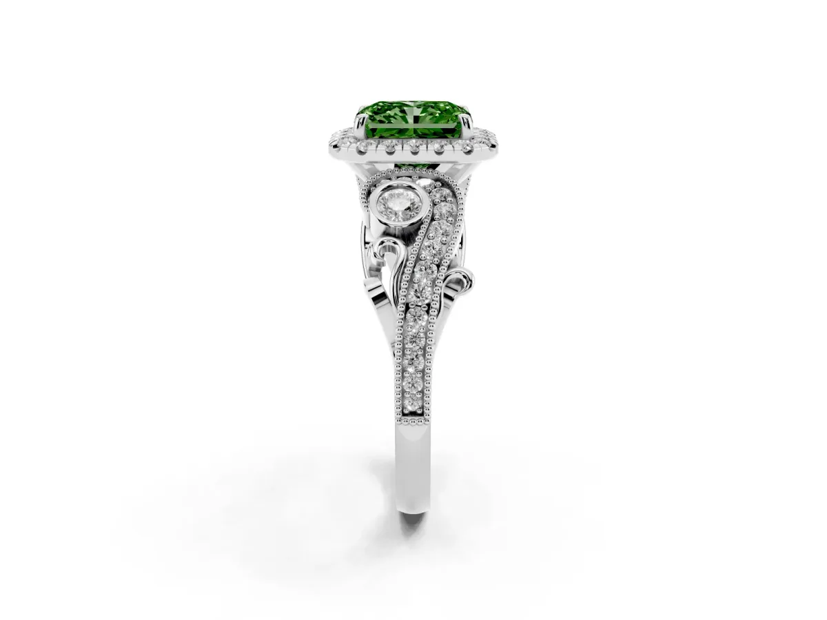 Fancy Green Radiant Cut Halo Diamond Ring with Milgrain and Bezel Accents on a Split Shank Band White gold