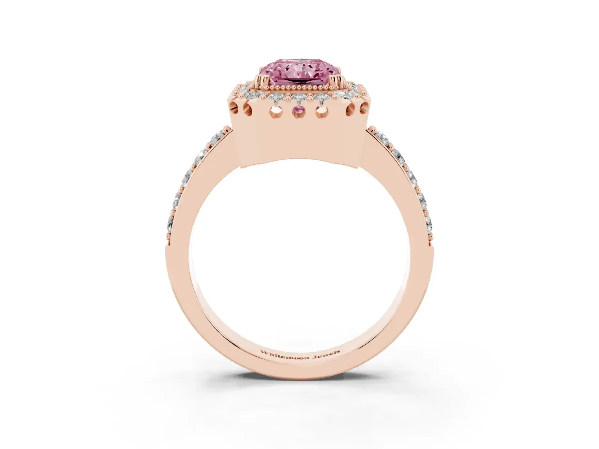 Fancy Pink Radiant Cut Diamond Halo Ring with Pavé Band and Prong Setting Rose gold