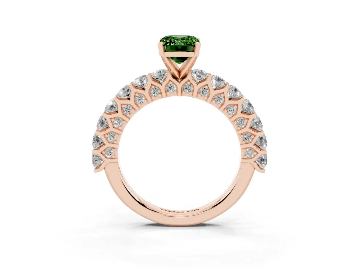 Fancy Green Emerald Cut Diamond Solitaire Ring with Shared Prong Pavé Band and Four-Prong Setting Rose gold