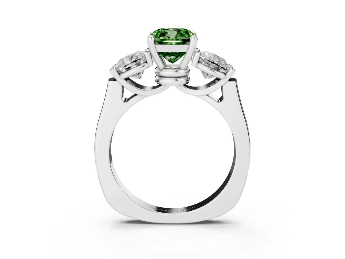 Fancy Green Three-Stone Cushion Cut Brilliant Diamond Trellis Ring with Comfort Fit Band Platinum
