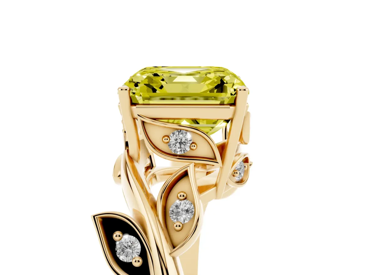 Fancy Yellow Asscher Cut Solitaire Twist Engagement Ring with Leaf Accents and Prong Setting Yellow gold