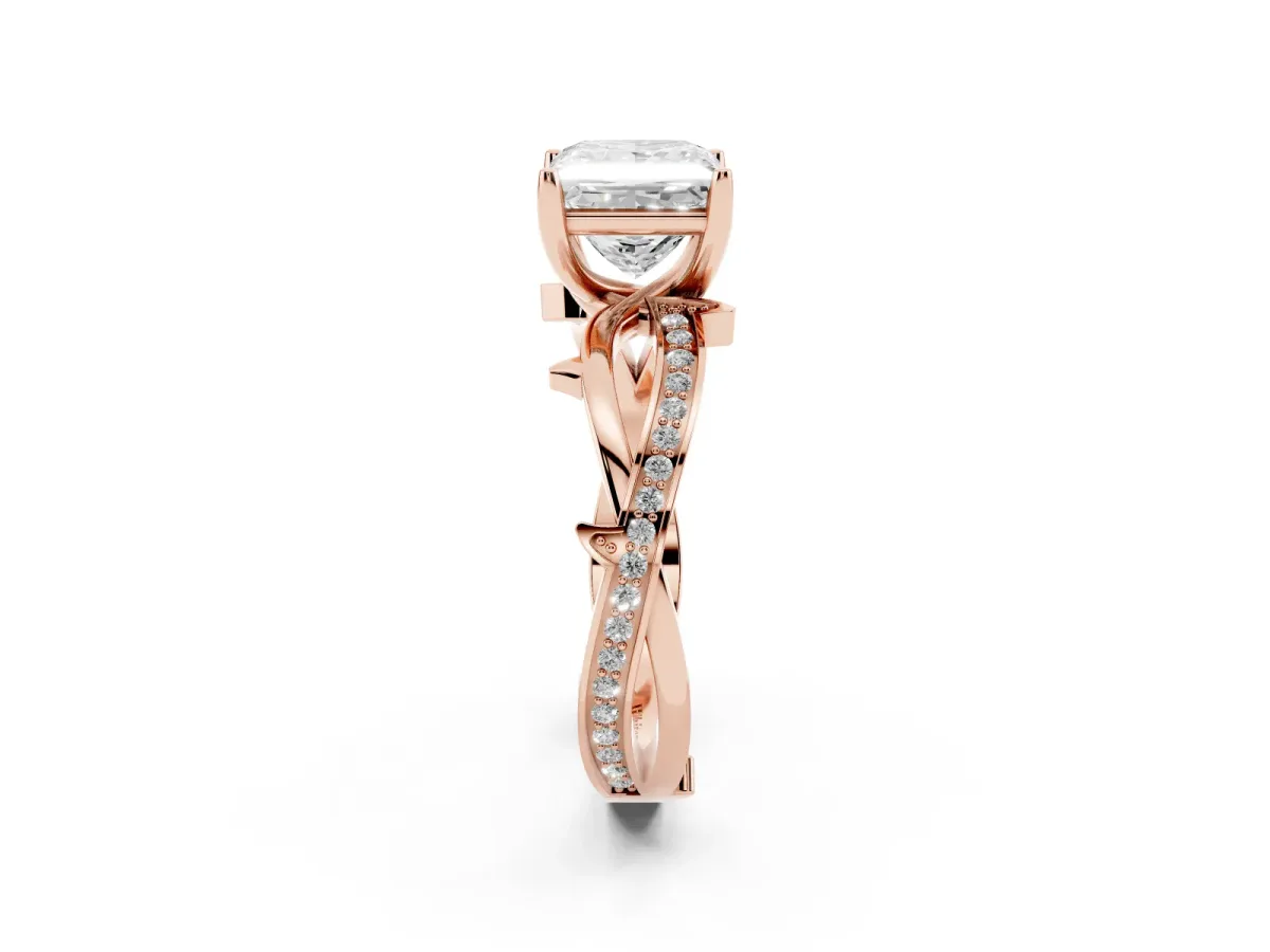 Princess Cut Solitaire Twist Band with Pavé Accents and Four-Prong Setting Rose gold