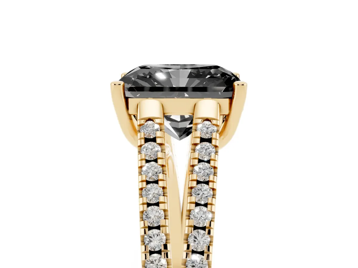Fancy Black Radiant Cut Diamond Solitaire Engagement Ring with Split Shank Pavé Band Yellow gold