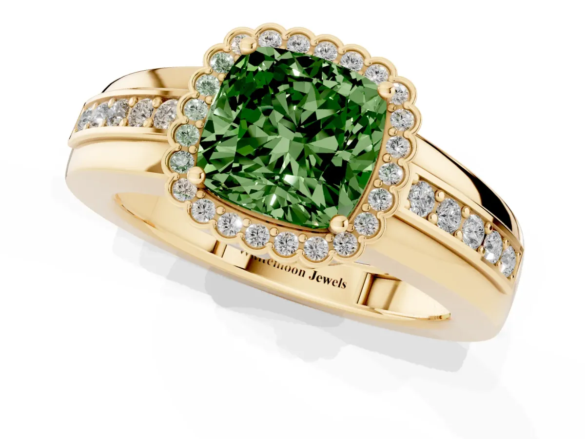 Fancy Green Cushion Cut Cut Halo Pave Band Four-Prong Ring Yellow gold
