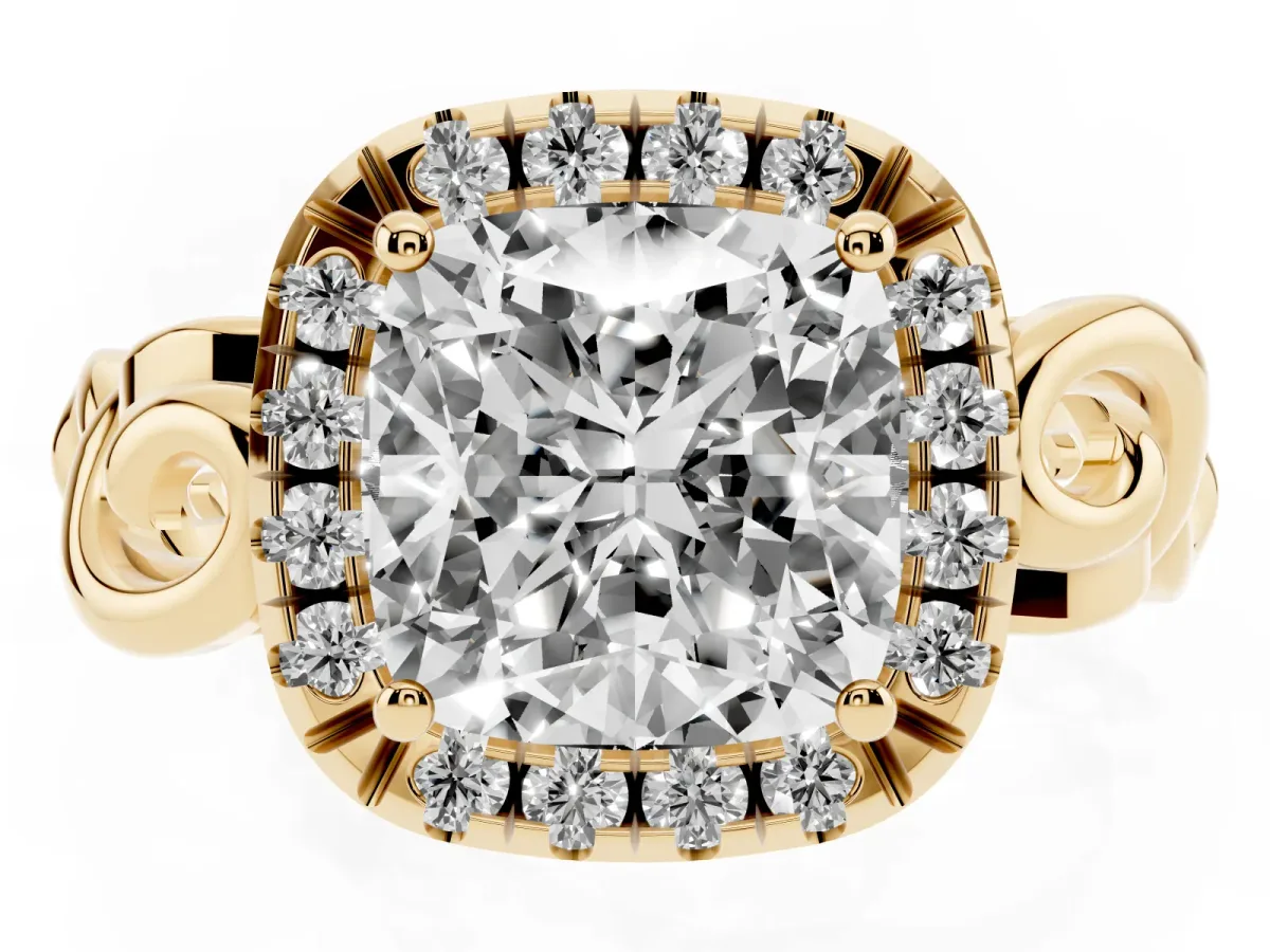 Cushion Cut Cut Halo Diamond Ring with Scrollwork Band and Four-Prong Setting Yellow gold