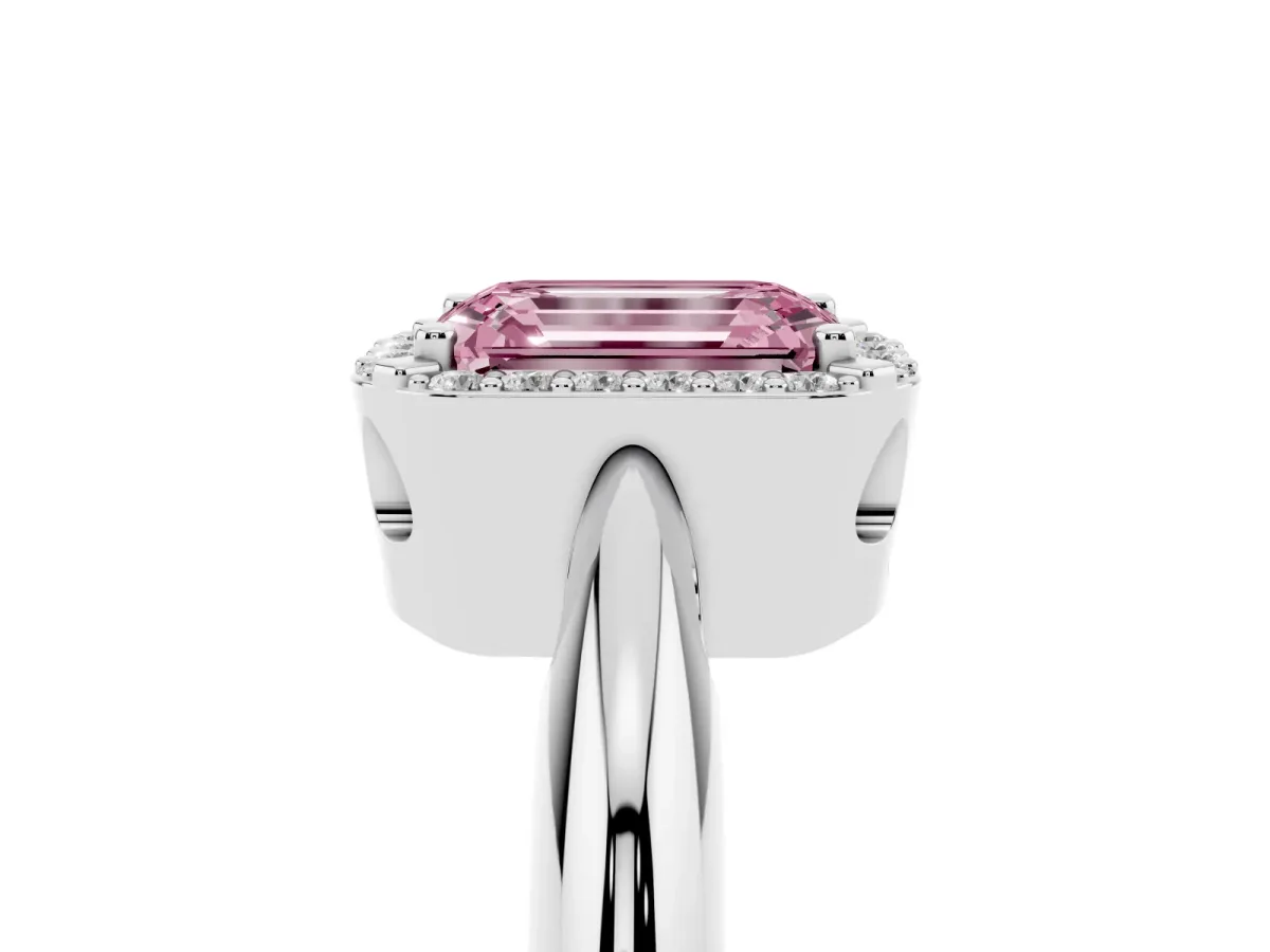 Fancy Pink Emerald Cut Cut Diamond Halo Engagement Ring with Split Shank and Four-Prong Setting Platinum