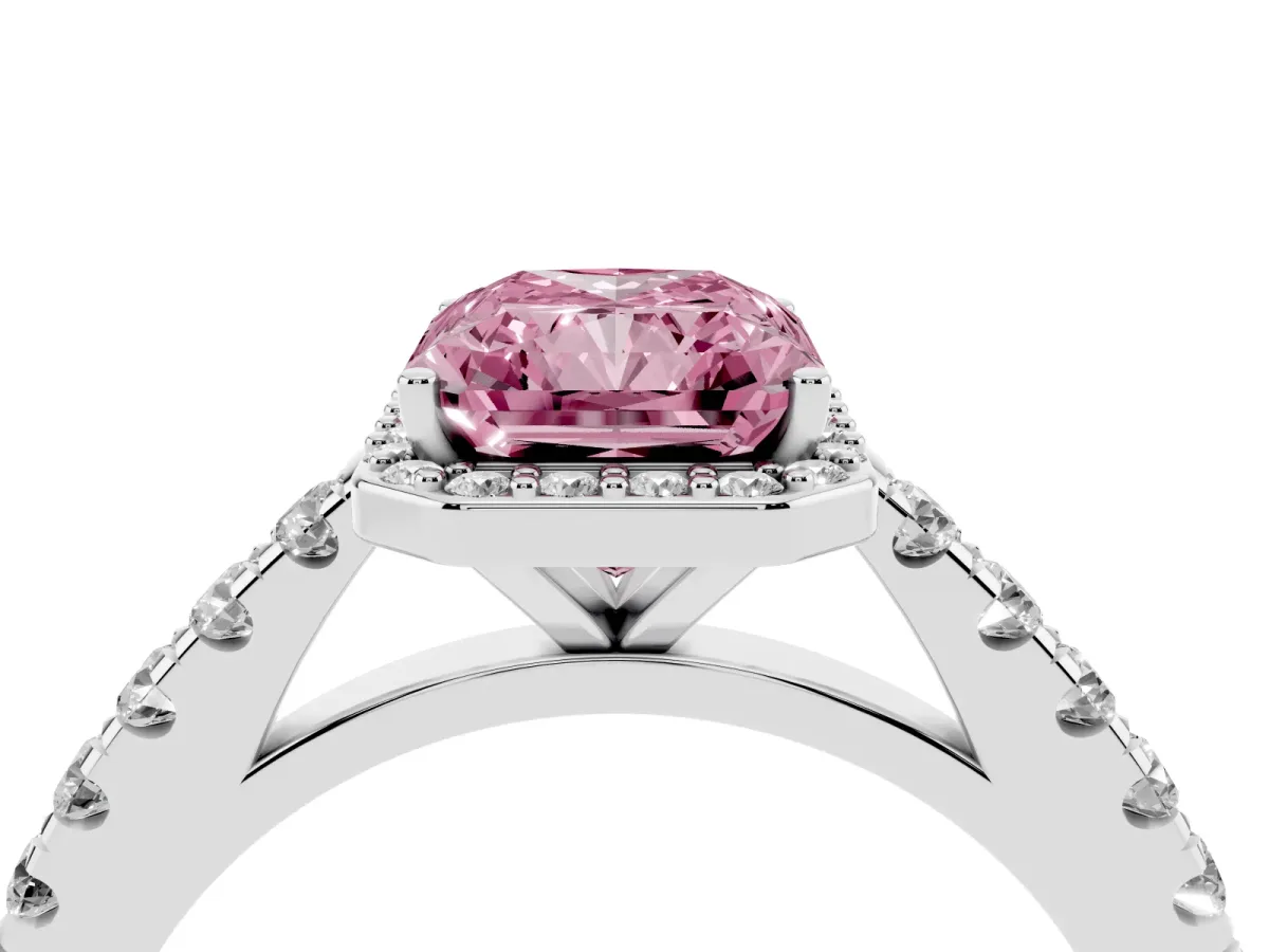 Fancy Pink Radiant Cut Cut Halo Diamond Engagement Ring with Pave Band and Four-Prong Setting Platinum