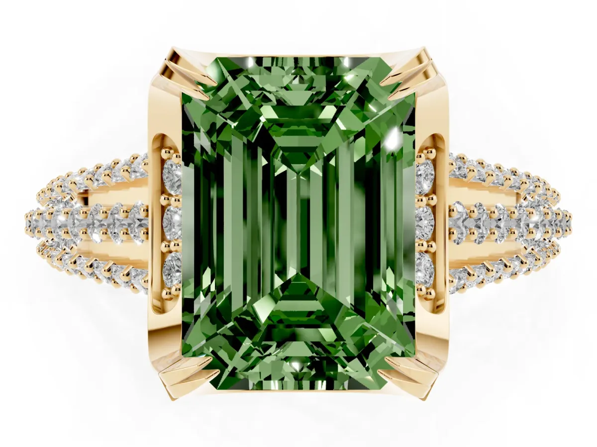 Fancy Green Emerald Cut Solitaire Pave Split Shank Ring with Four-Prong Setting Yellow gold