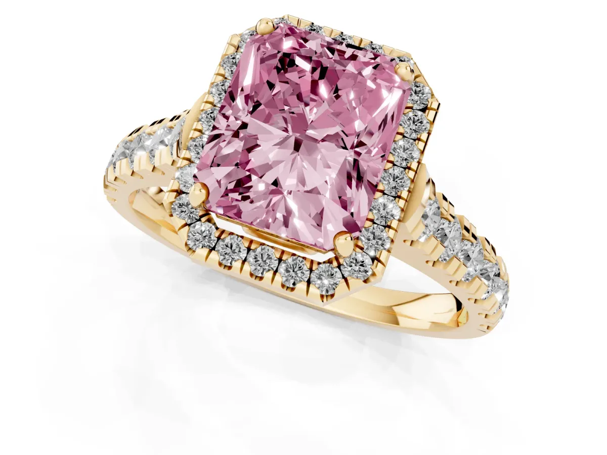Fancy Pink Radiant Cut Halo Pavé Diamond Engagement Ring with Four-Prong Setting Yellow gold