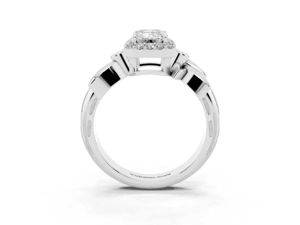 Emerald Cut Halo Diamond Floral Band with Four-Prong Setting Platinum