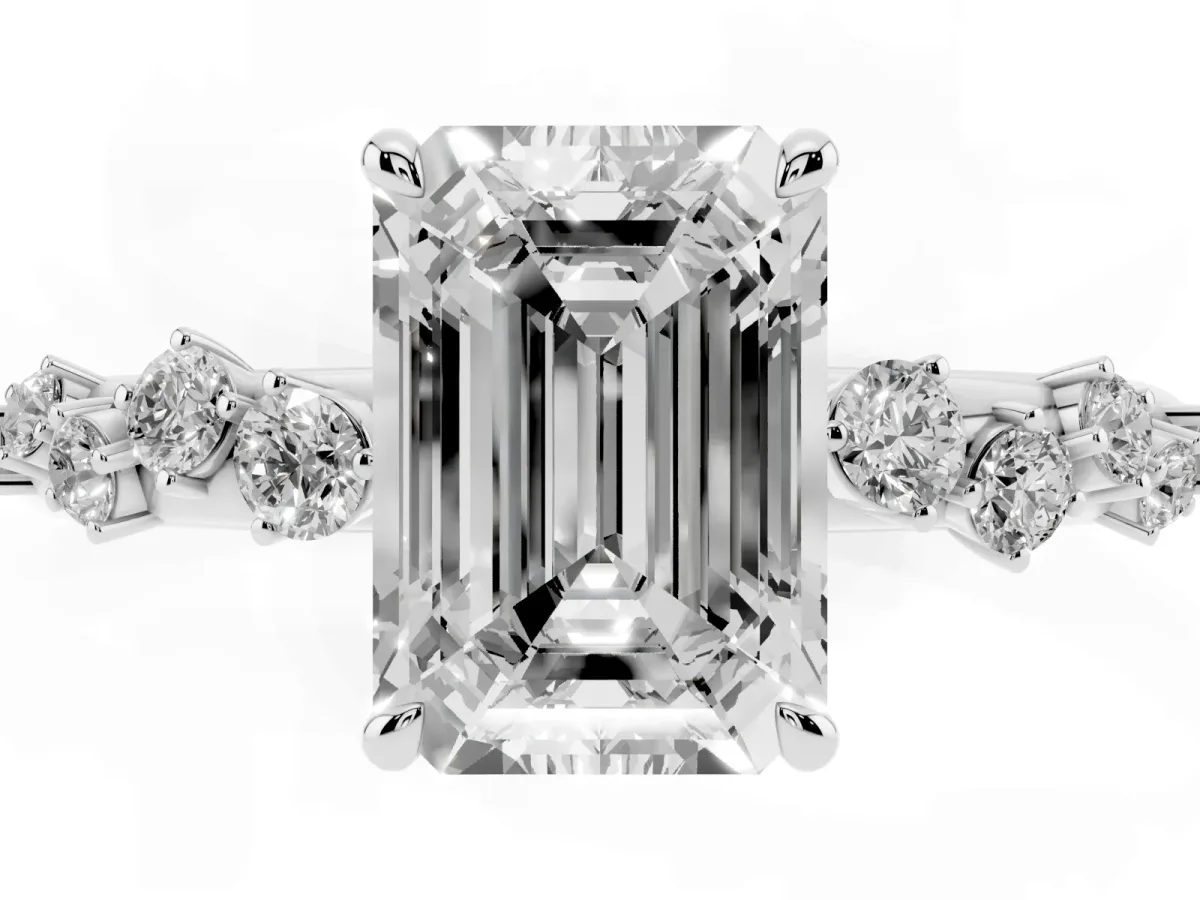 Emerald Cut Diamond Cluster Prong-Set Solitaire Ring White gold