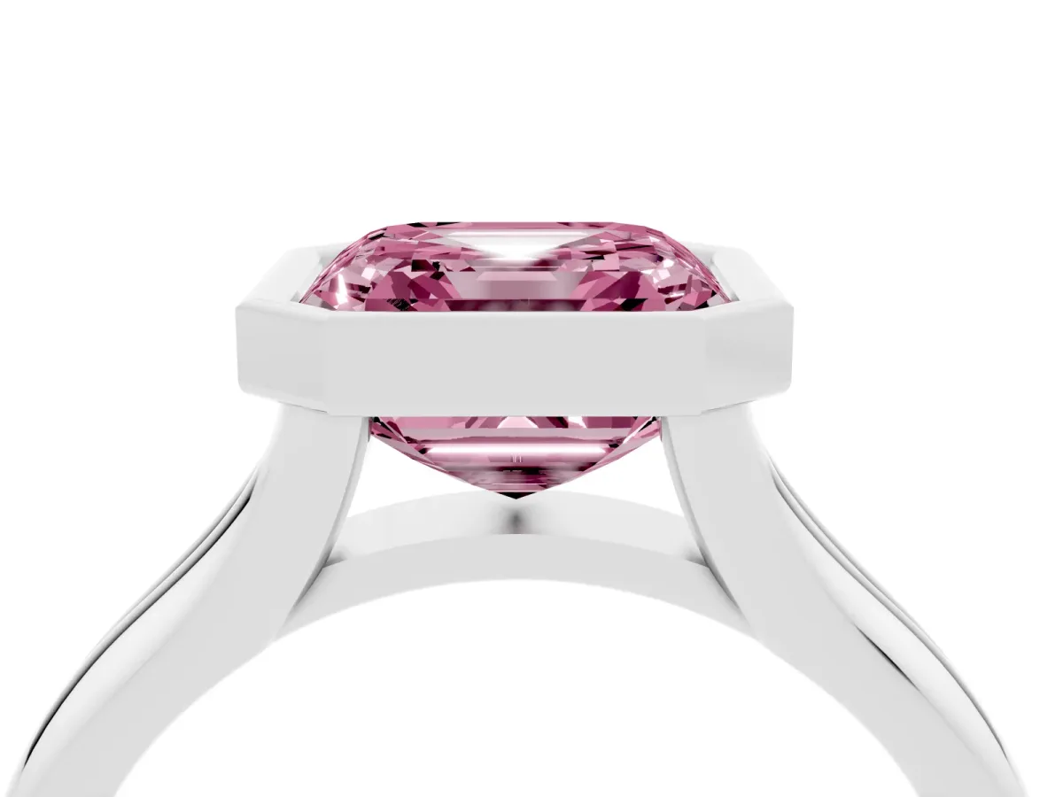 Fancy Pink Bezel Set Asscher Cut Solitaire Diamond Ring with Smooth Band Platinum