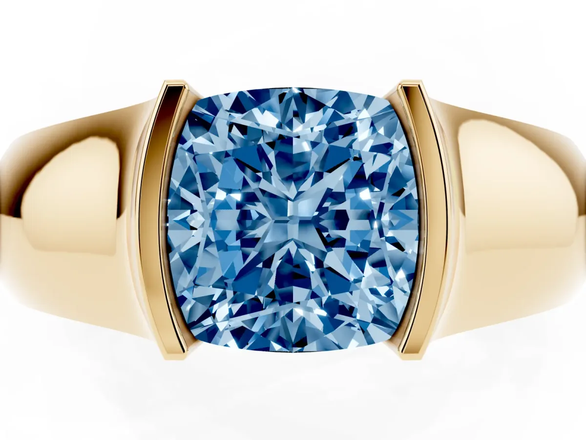 Fancy Blue Cushion Cut Solitaire Bezel Set Diamond Ring with Wide Band Yellow gold