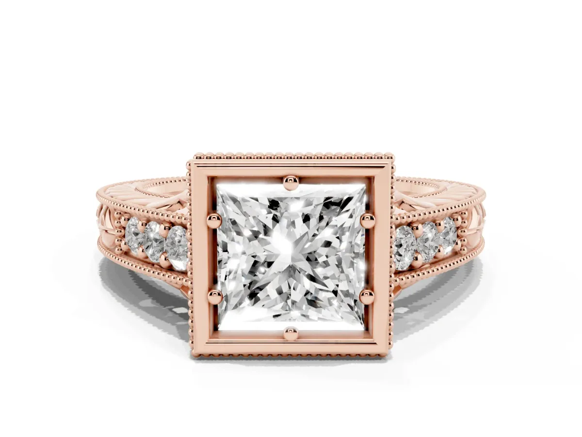 Bezel Set Princess Cut Diamond Milgrain Pave Engagement Ring Rose gold