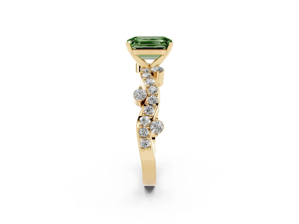 Fancy Green Emerald Cut Cut Solitaire Diamond Twisted Band with Pave Setting Yellow gold