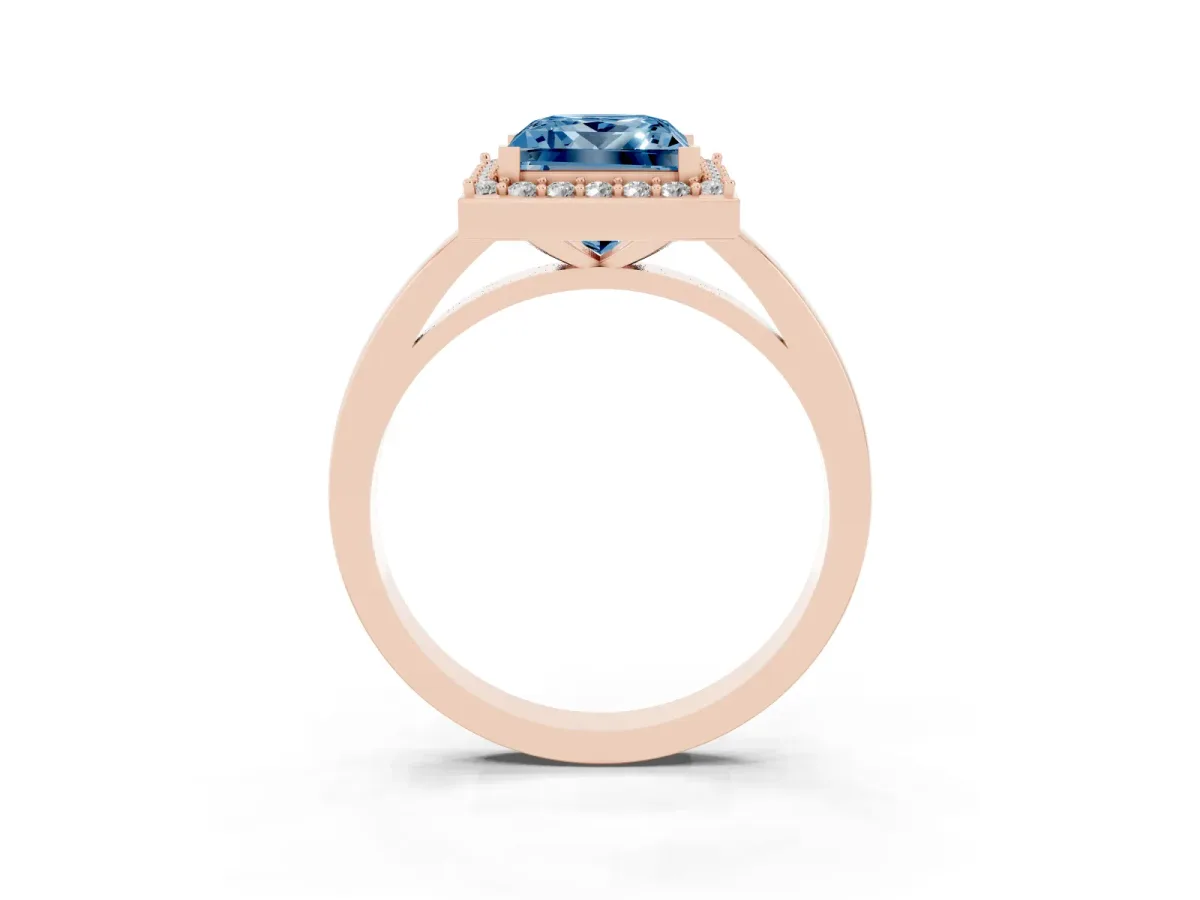 Fancy Blue Princess Cut Halo Diamond Ring with Solitaire Band and Prong Setting Rose gold