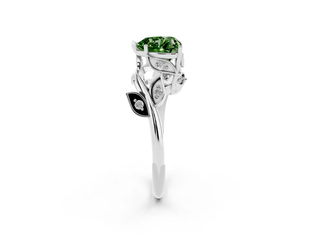Fancy Green Heart Cut Solitaire Twist Engagement Ring with Leaf Accents and Prong Setting Silver