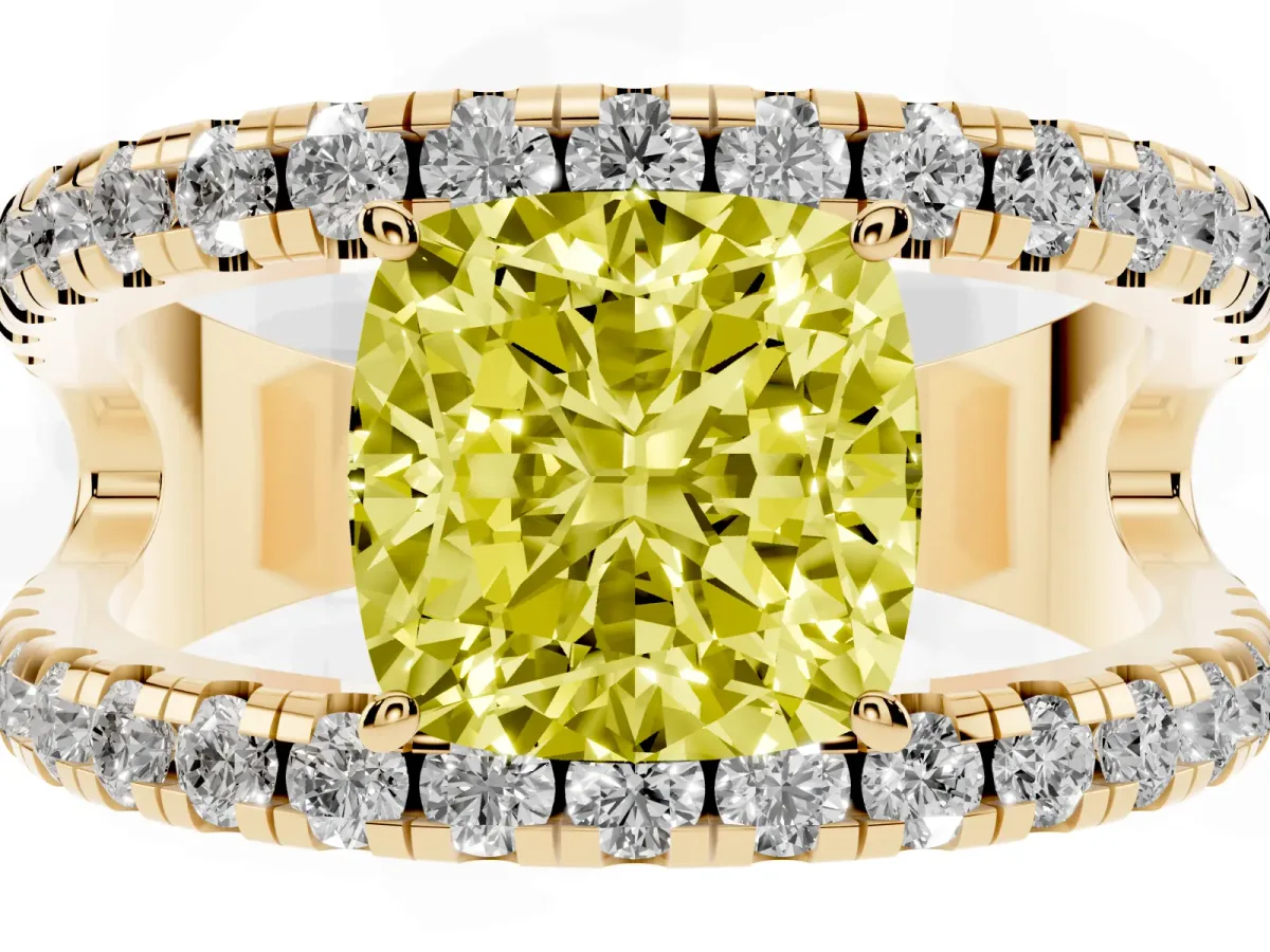 Fancy Yellow Cushion Cut Solitaire Split Shank Pave Diamond Ring Yellow gold