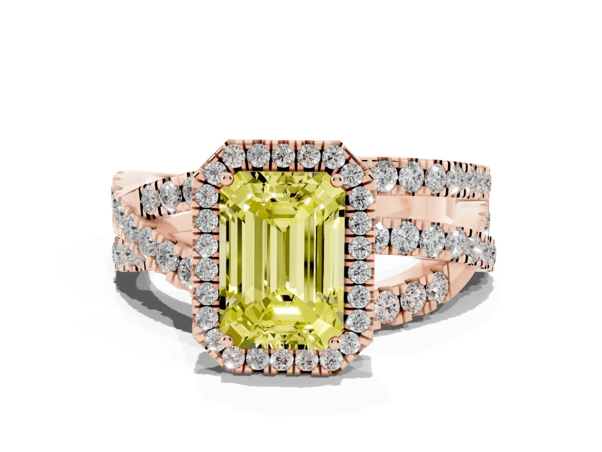 Fancy Yellow Emerald Cut Diamond Halo Ring with Round Split Shank and Prong Setting Rose gold