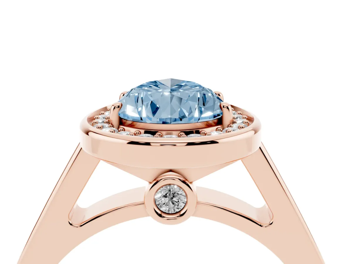 Fancy Blue Pear Cut Halo Solitaire Diamond Ring with Pave Band and Bezel Setting Rose gold