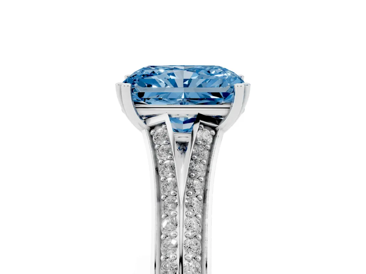Fancy Blue Radiant Cut Diamond Split Shank Engagement Ring with Pavé Band Silver