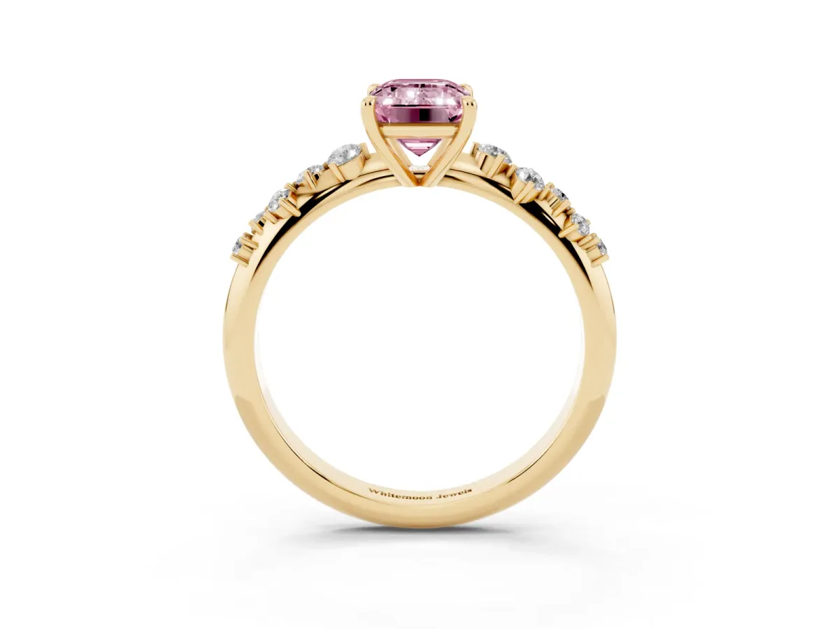 Fancy Pink Emerald Cut Diamond Cluster Side Stone Solitaire Ring with Prong Setting Yellow gold