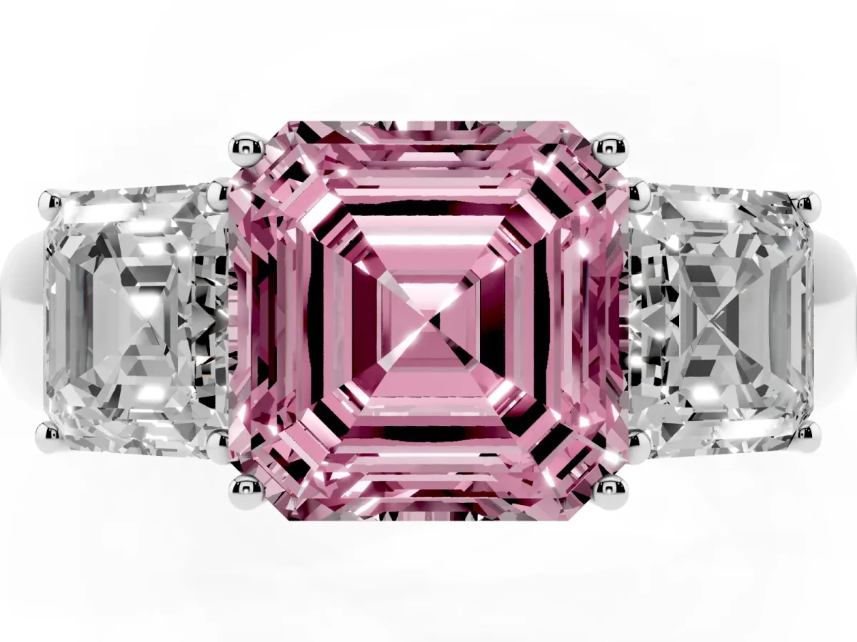 Fancy Pink Three-Stone Asscher Cut Cut Diamond Ring with Prong Setting and Classic Band Silver