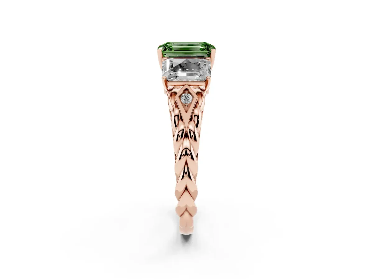 Fancy Green Three-Stone Emerald Cut Diamond Braided Band Ring with Four-Prong Setting Rose gold