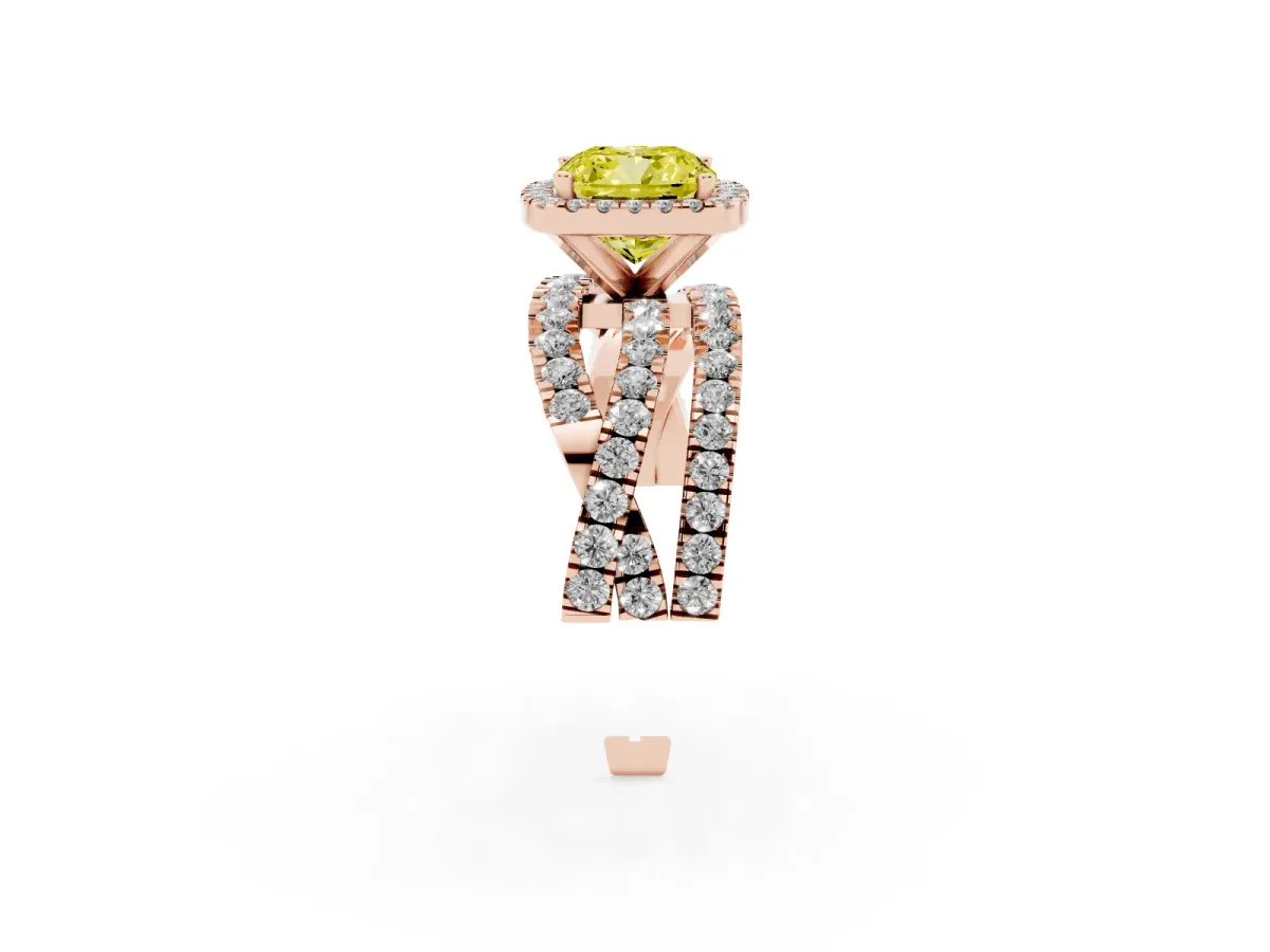 Fancy Yellow Cushion Cut Diamond Halo Ring with Round Split Shank and Prong Setting Rose gold