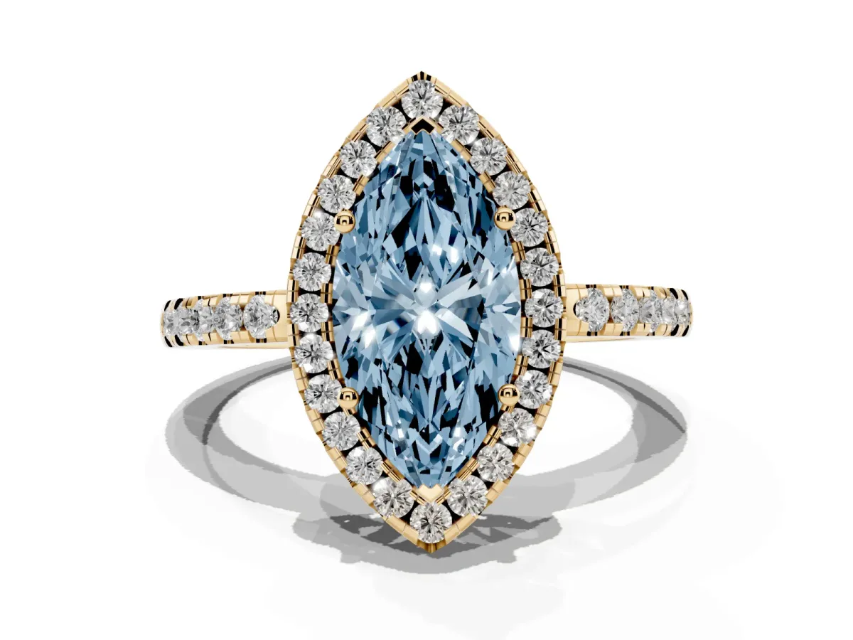 Fancy Blue Marquise Cut Halo Diamond Engagement Ring with Pavé Band and Four-Prong Setting Yellow gold