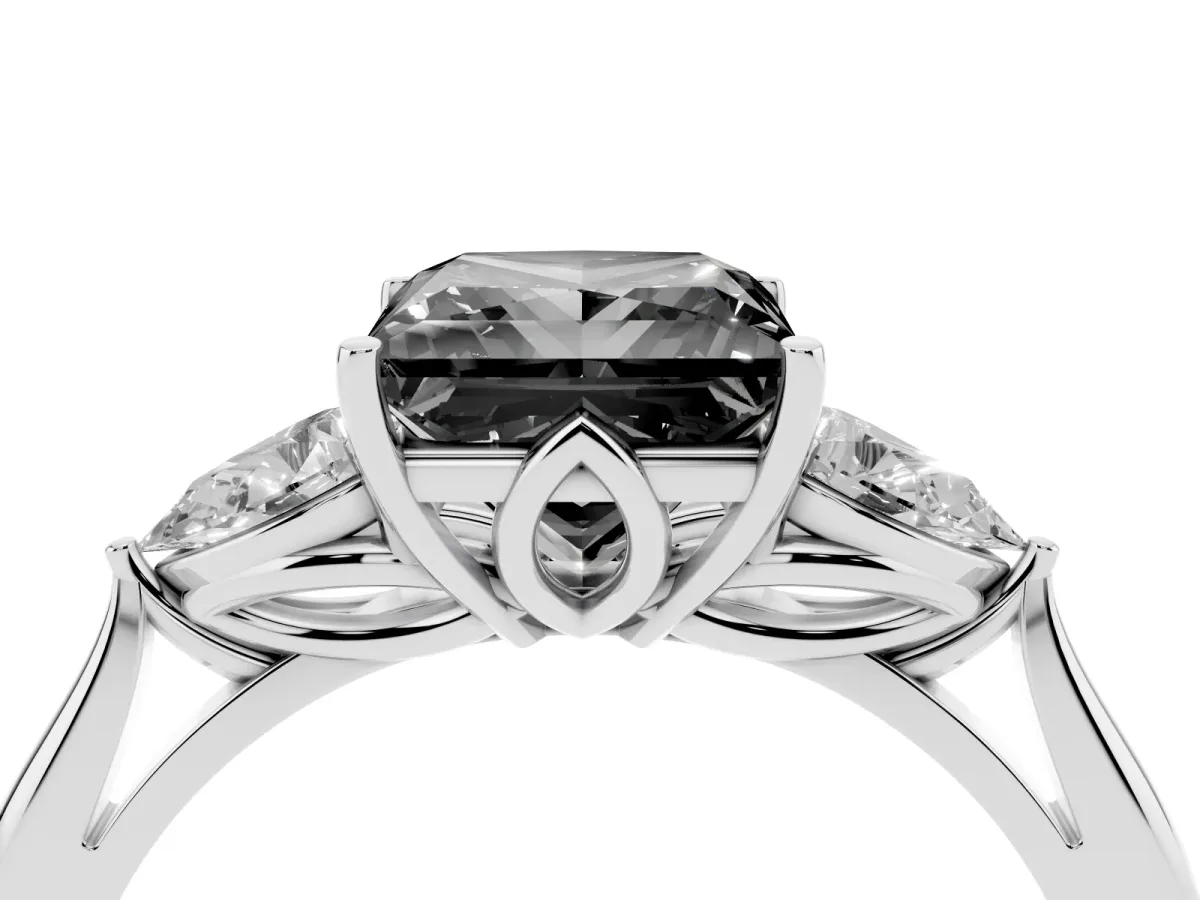 Fancy Black Three-Stone Princess Cut Brilliant Diamond Solitaire Ring with Tapered Band and Four-Prong Setting Silver