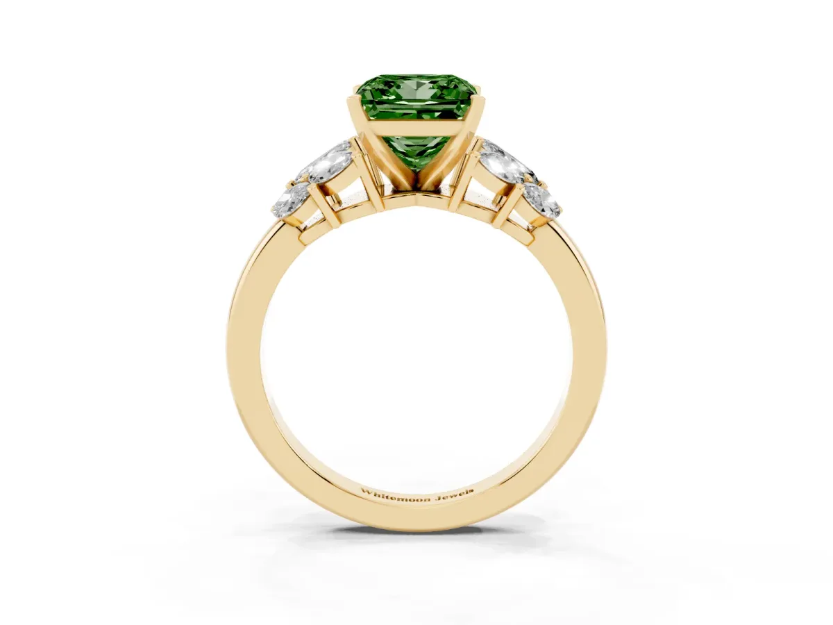 Fancy Green Princess Cut Diamond Cluster Leaf Design Ring with Prong Setting Yellow gold
