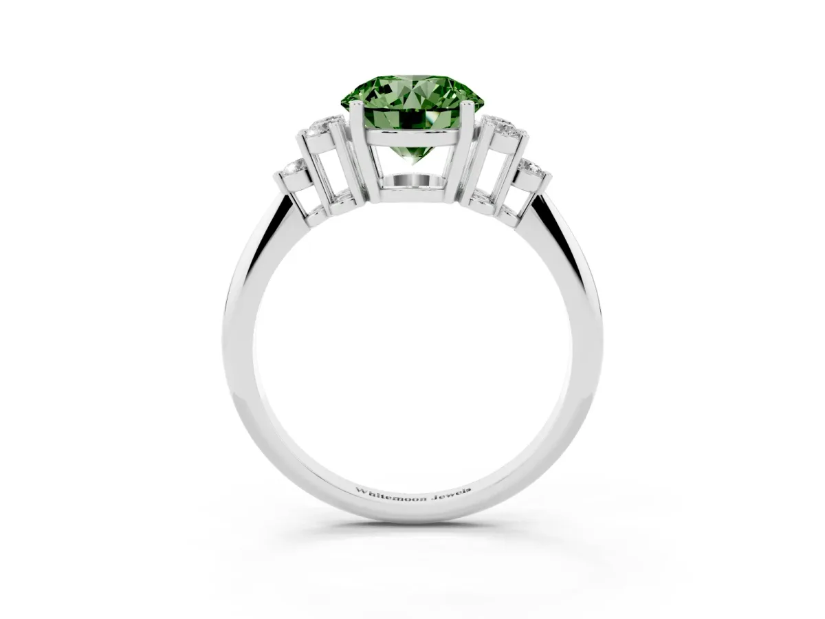 Fancy Green Round Cut Cut Diamond Cluster Ring with Solitaire Band and Four-Prong Setting Silver