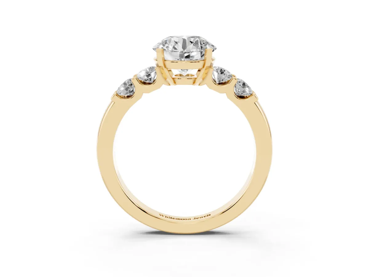 Round Cut Brilliant Cut Diamond Five-Stone Prong Set Engagement Ring with Channel Band Yellow gold