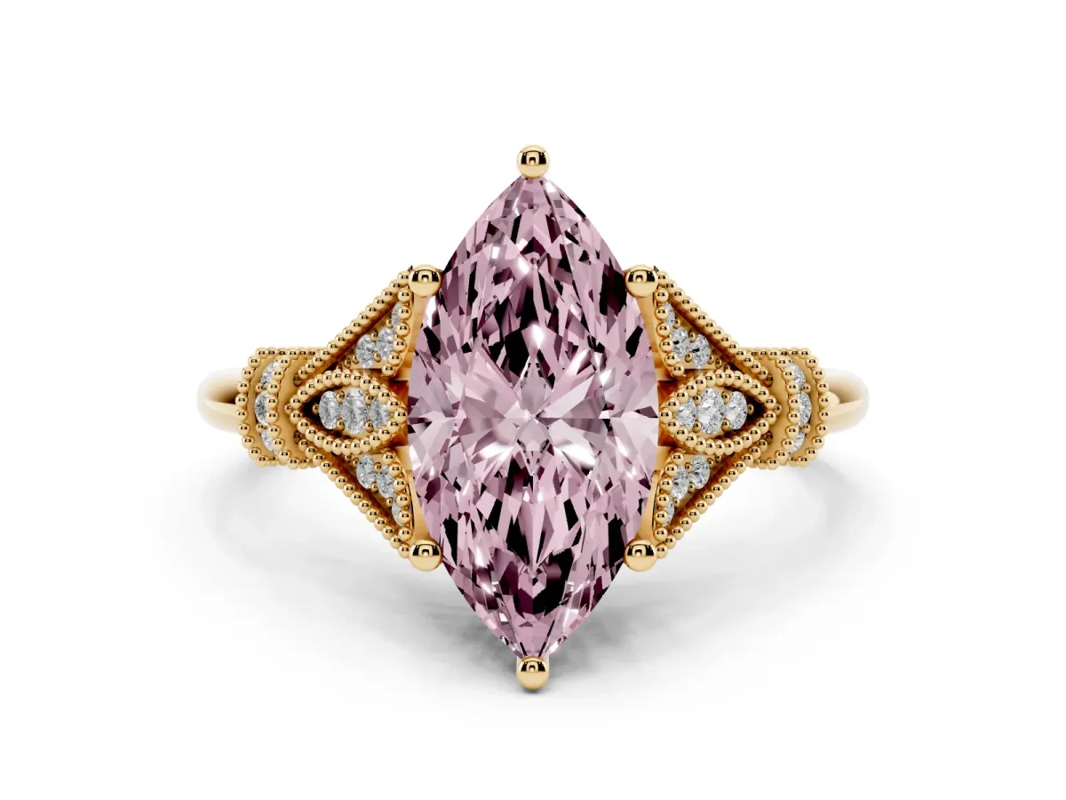 Fancy Pink Marquise Cut Diamond Solitaire Ring with Floral Filigree and Pave Accents Yellow gold