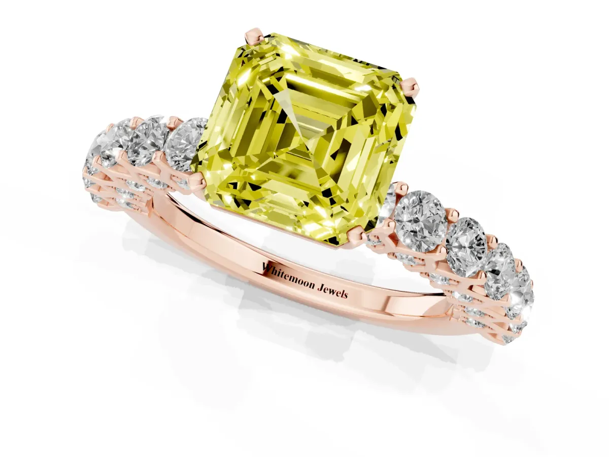 Fancy Yellow Asscher Cut Diamond Solitaire Ring with Shared Prong Pavé Band and Four-Prong Setting Rose gold