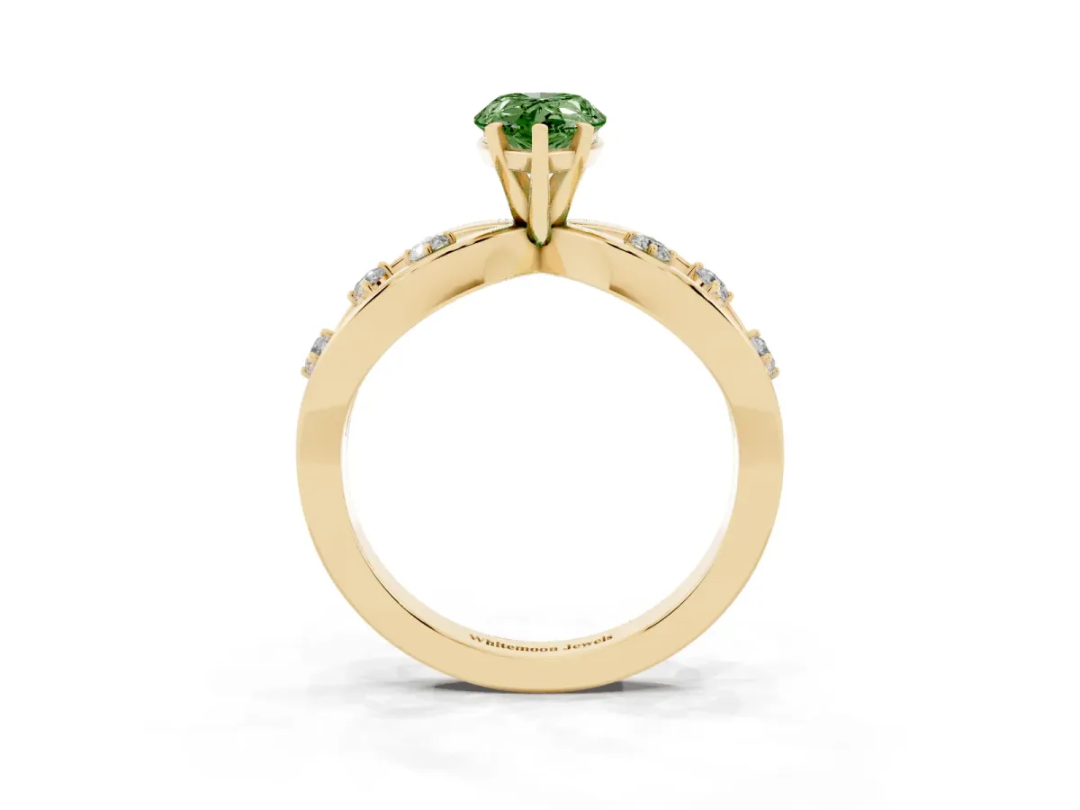 Fancy Green Pear Cut Cut Solitaire Diamond with Side Stones on Criss-Cross Band and Four-Prong Setting Yellow gold