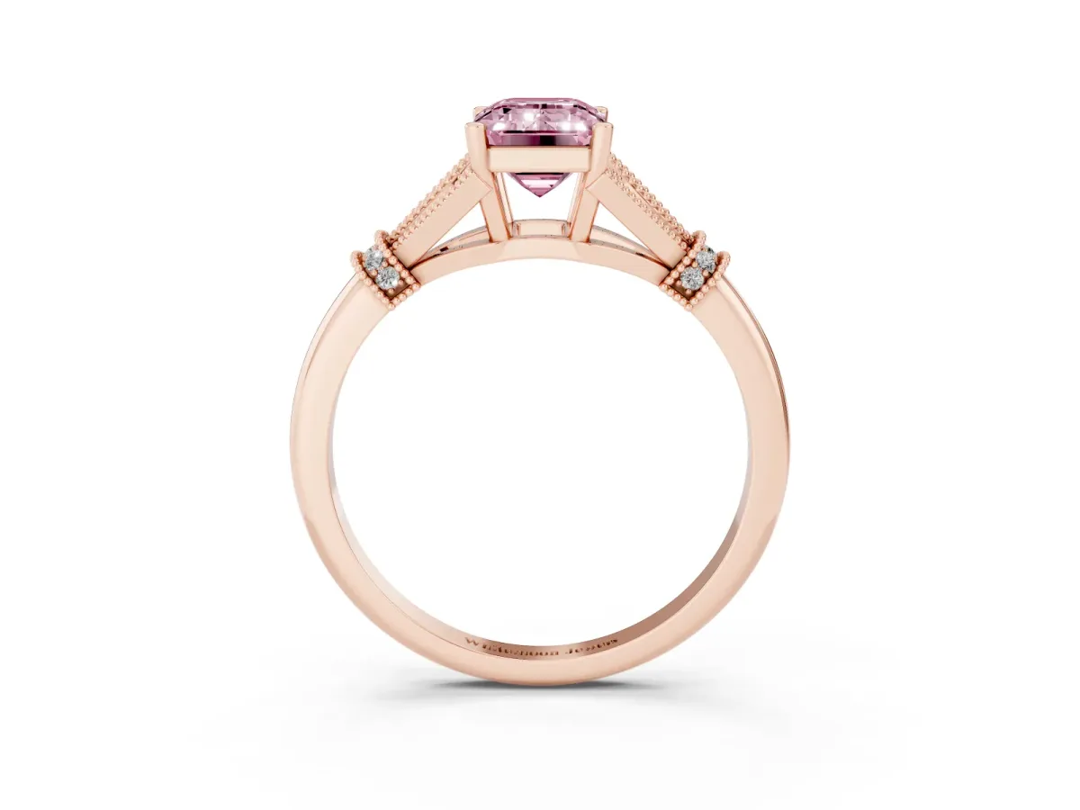Fancy Pink Emerald Cut Diamond Solitaire Ring with Floral Filigree and Pave Accents Rose gold