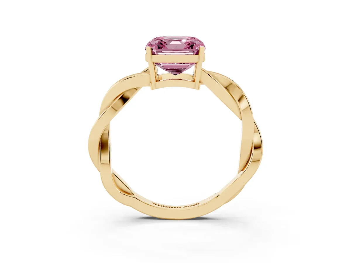 Fancy Pink Asscher Cut Solitaire Twisted Pave Diamond Ring with Four-Prong Setting Yellow gold
