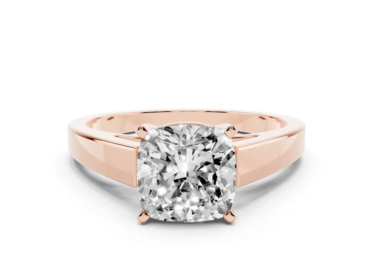 Cushion Cut Solitaire Engagement Ring with Four-Prong Setting and Tapered Band Rose gold