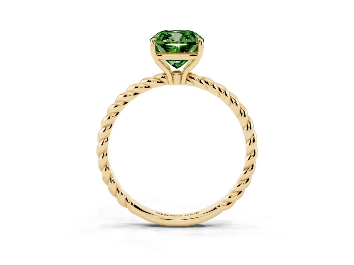 Fancy Green Cushion Cut Solitaire Twist Band Ring with Four-Prong Setting Yellow gold