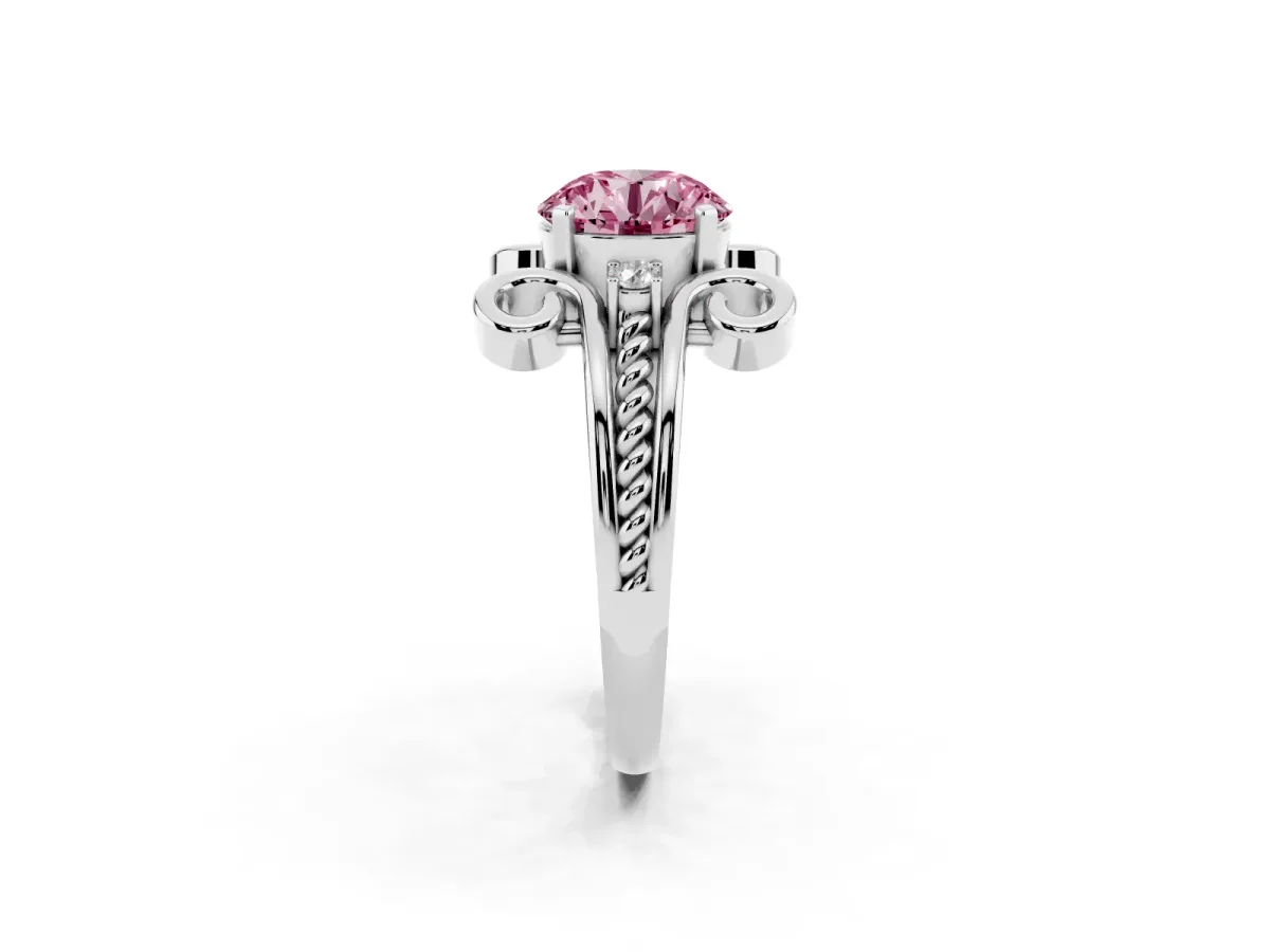 Fancy Pink Round Cut Solitaire Twisted Band Scroll Prong Ring Silver