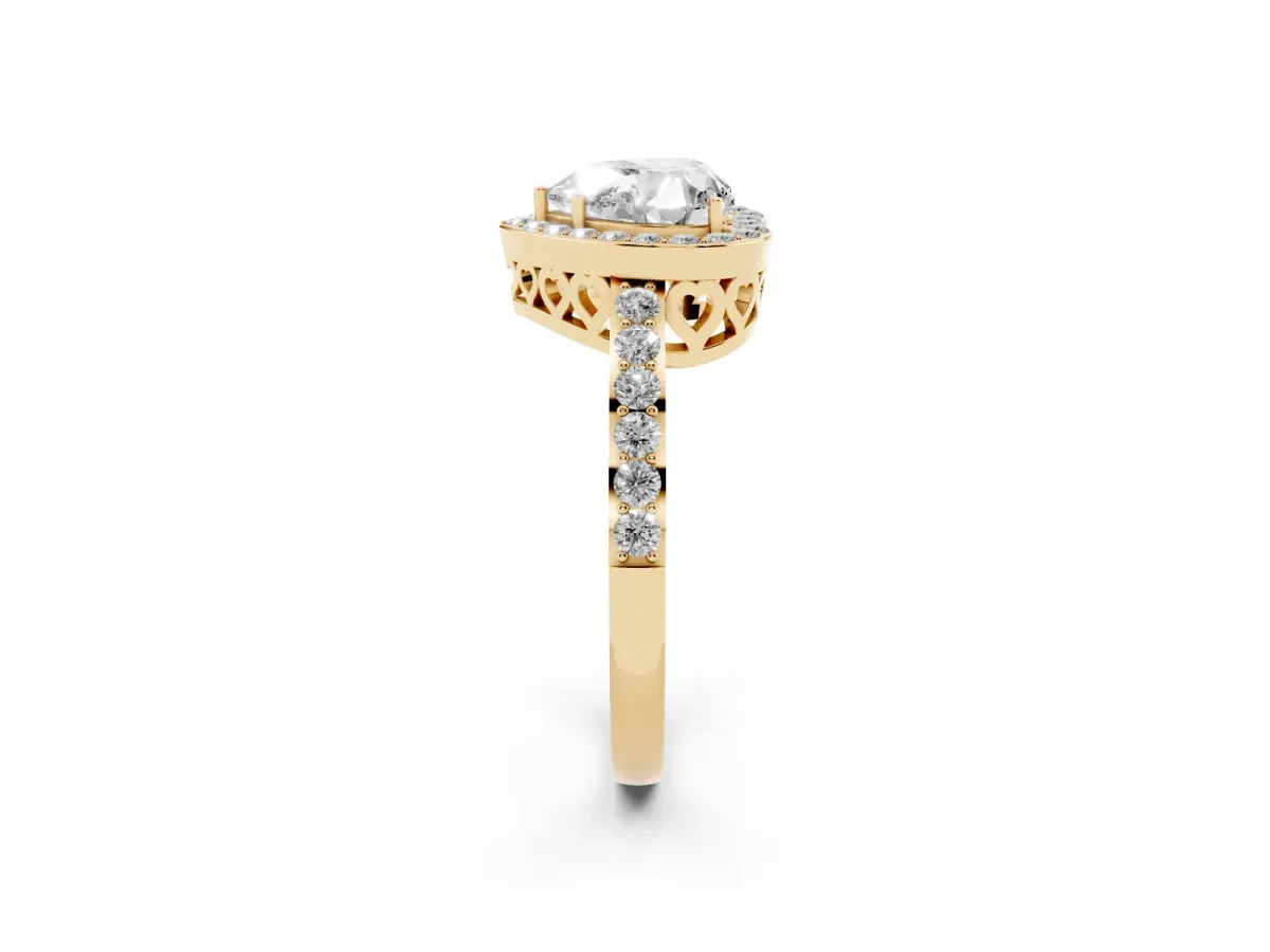 Heart Cut Halo Diamond Pavé Band Ring with Prong Setting Yellow gold