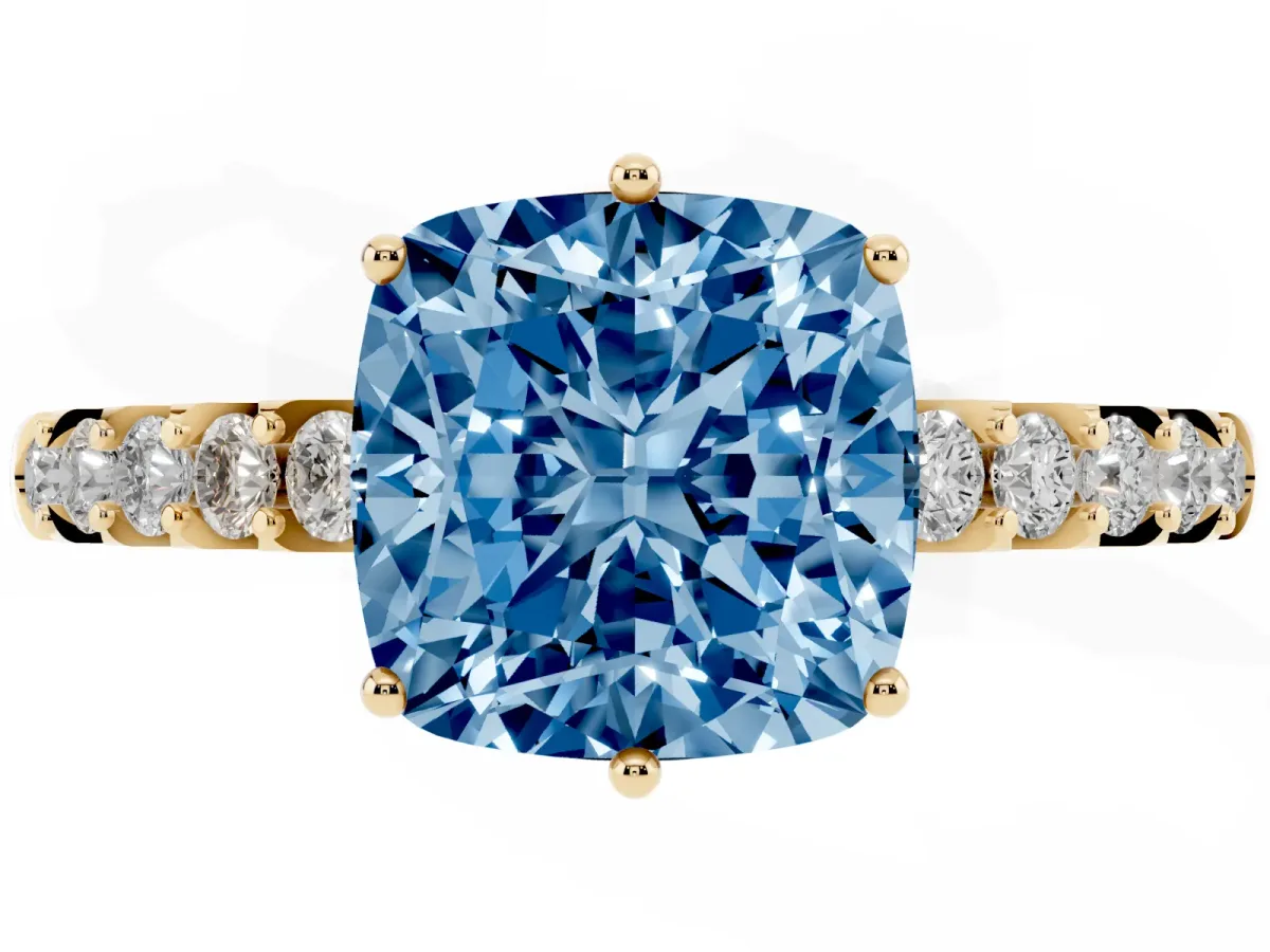 Fancy Blue Cushion Cut Solitaire Diamond Engagement Ring with Pavé Band and Six-Prong Setting Yellow gold