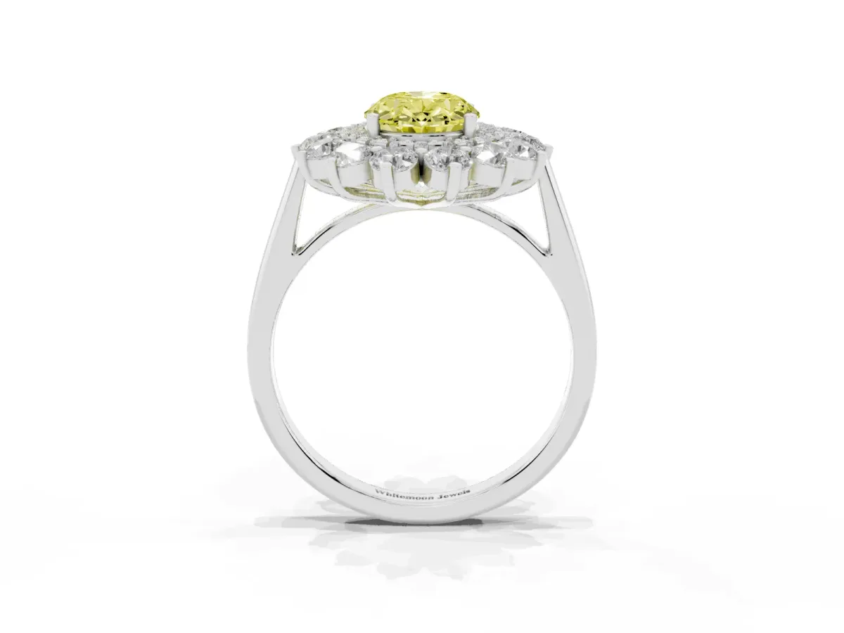 Fancy Yellow Oval Cut Diamond Floral Double Halo Engagement Ring with Prong Setting Platinum