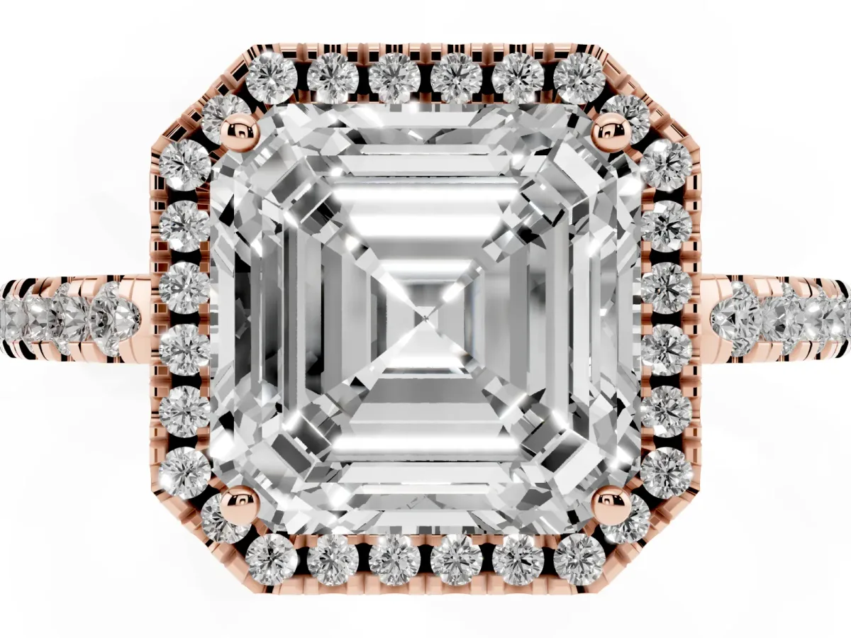 Asscher Cut Halo Diamond Engagement Ring with Pavé Band and Four-Prong Setting Rose gold